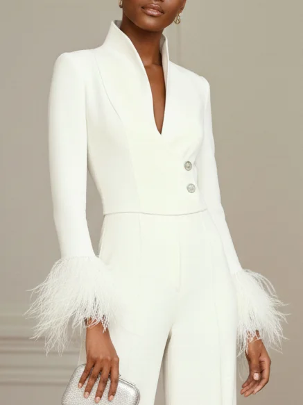 Women White Feather-trimmed Buckle Mock Neck Long Sleeve Dressy Jumpsuit