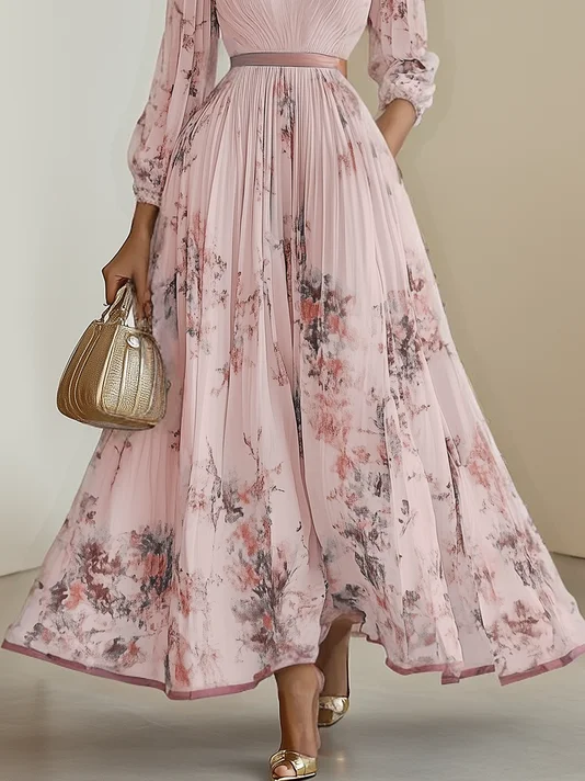Pink Pleated Floral Chiffon V Neck Long Sleeve Balloon Sleeve A-Line Maxi Dress