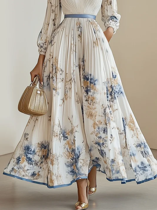 White Pleated Floral Chiffon V Neck Long Sleeve Balloon Sleeve A-Line Maxi Dress