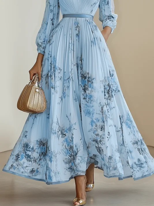 Light Blue Pleated Floral Chiffon V Neck Long Sleeve Balloon Sleeve A-Line Maxi Dress