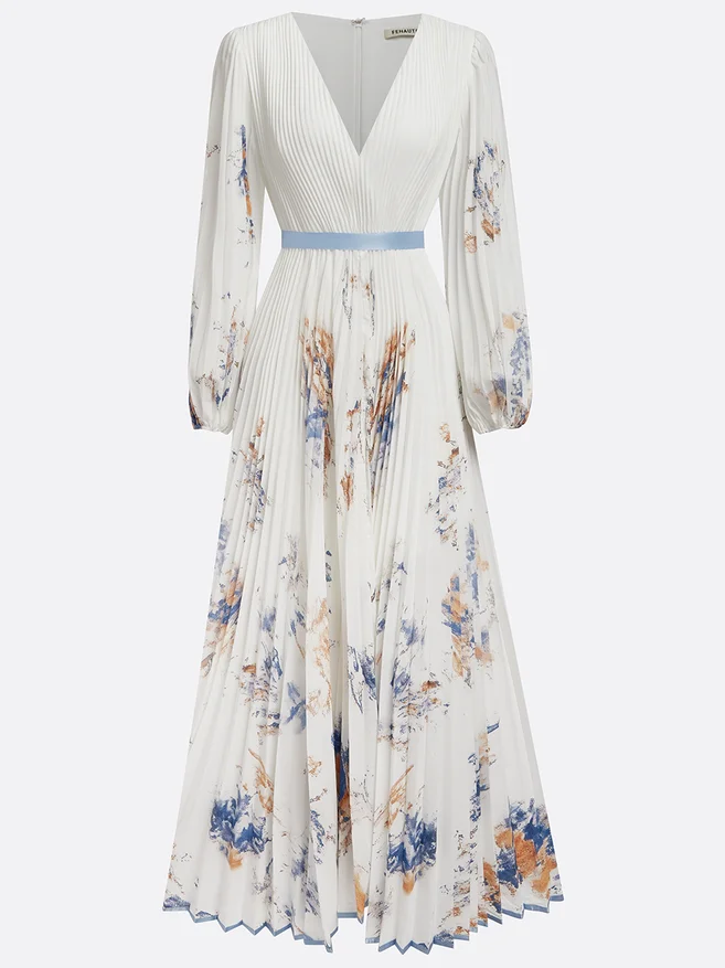 White Pleated Floral Chiffon V Neck Long Sleeve Balloon Sleeve A-Line Maxi Dress