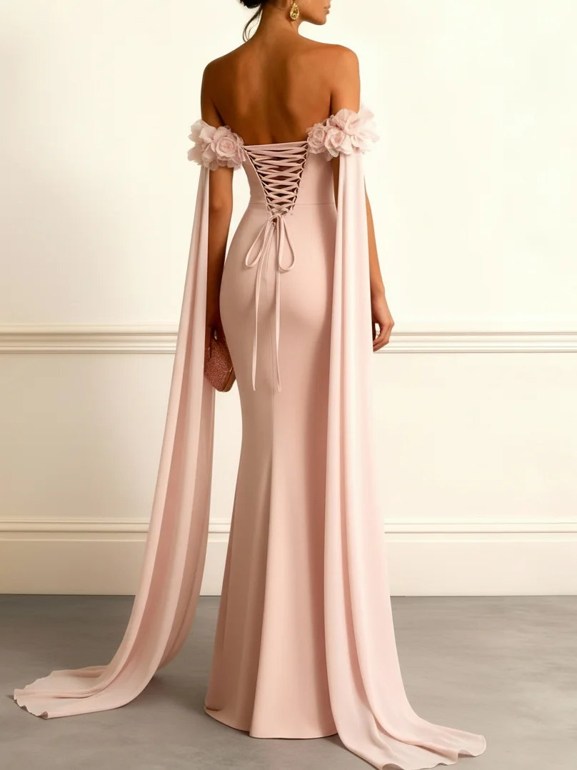Pink 3D Floral Ruched Classic Off The Shoulder With Removable Cape Short Sleeve Mermaid Gown Dress