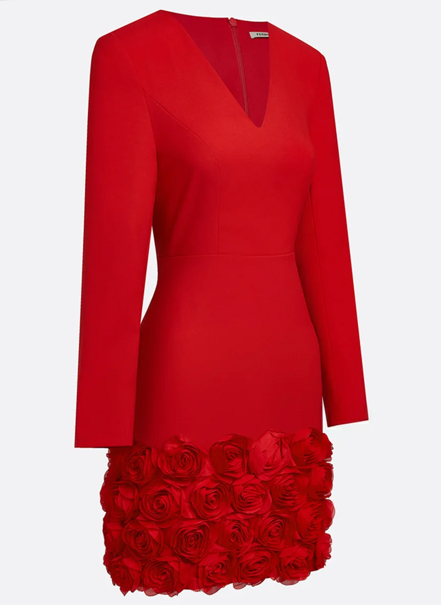 Red 3D Floral Classic V Neck Long Sleeve Sheath Mini Dress