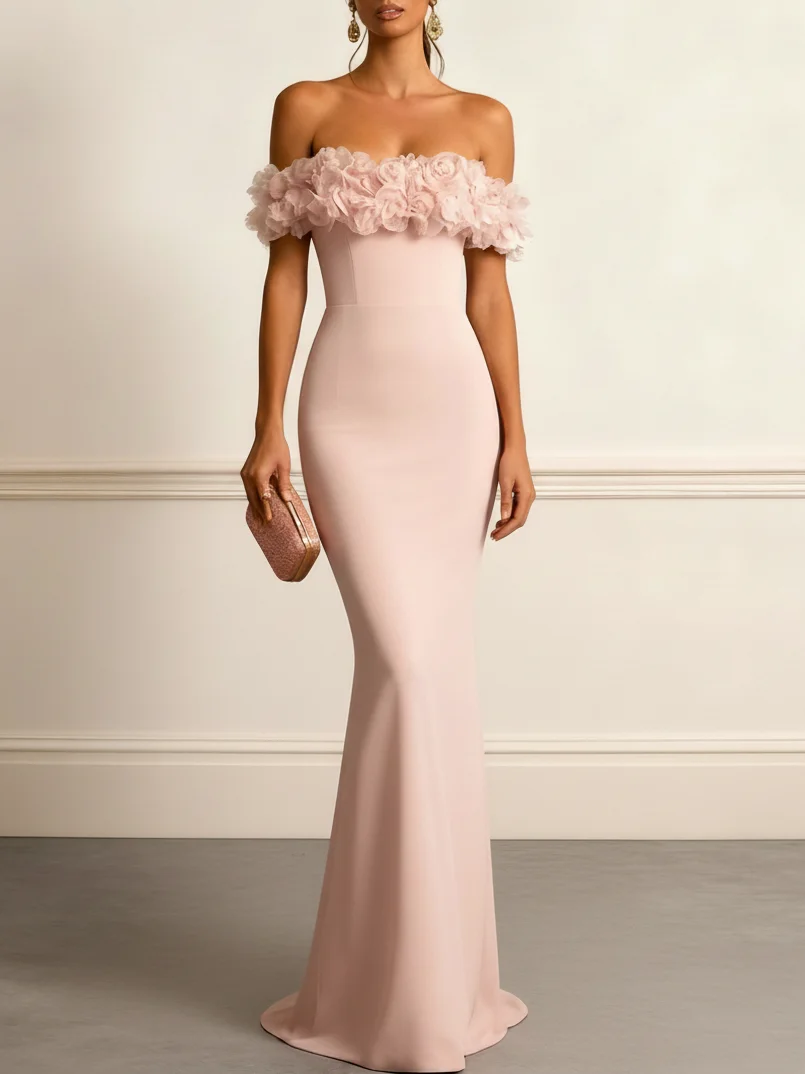Pink 3D Floral Ruched Classic Off The Shoulder With Removable Cape Short Sleeve Mermaid Gown Dress