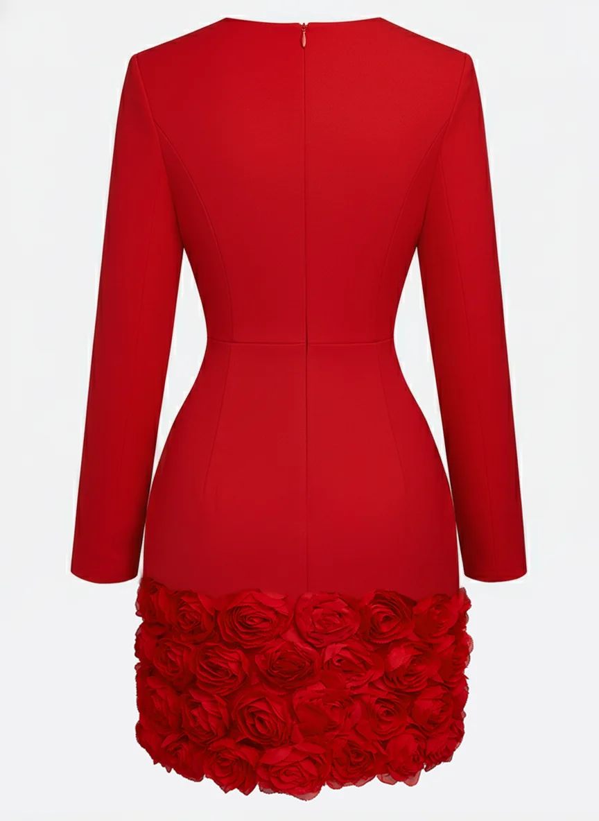 Red 3D Floral Classic V Neck Long Sleeve Sheath Mini Dress
