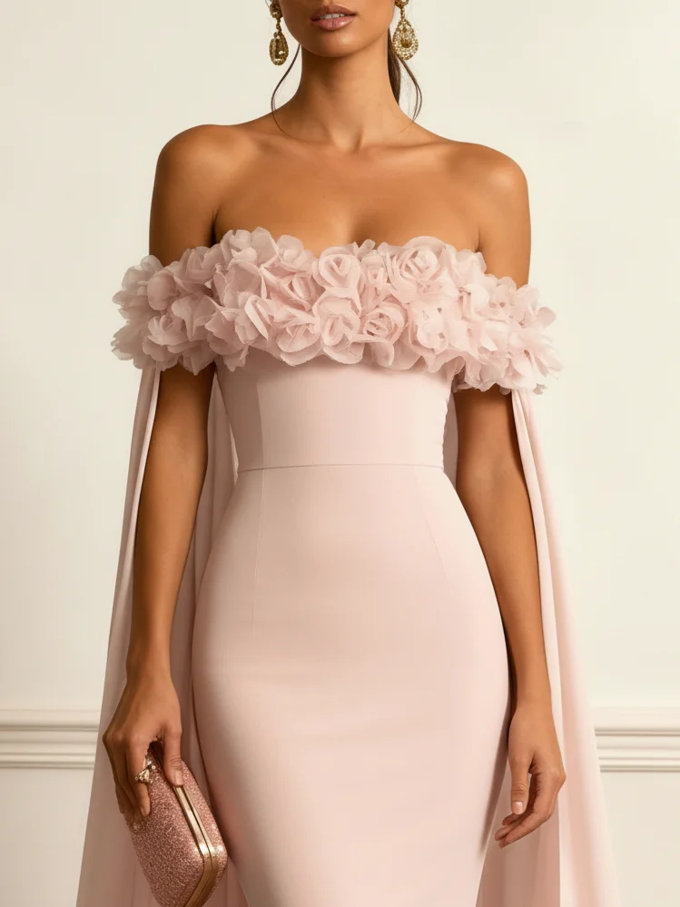 Pink 3D Floral Ruched Classic Off The Shoulder With Removable Cape Short Sleeve Mermaid Gown Dress