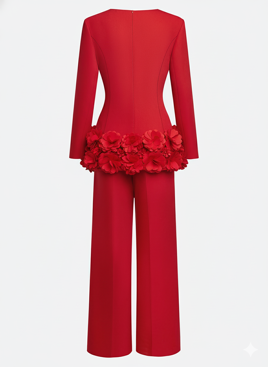 Women Red 3D Floral Crew Neck Long Sleeve Dressy Top With Pants Two-Piece Set