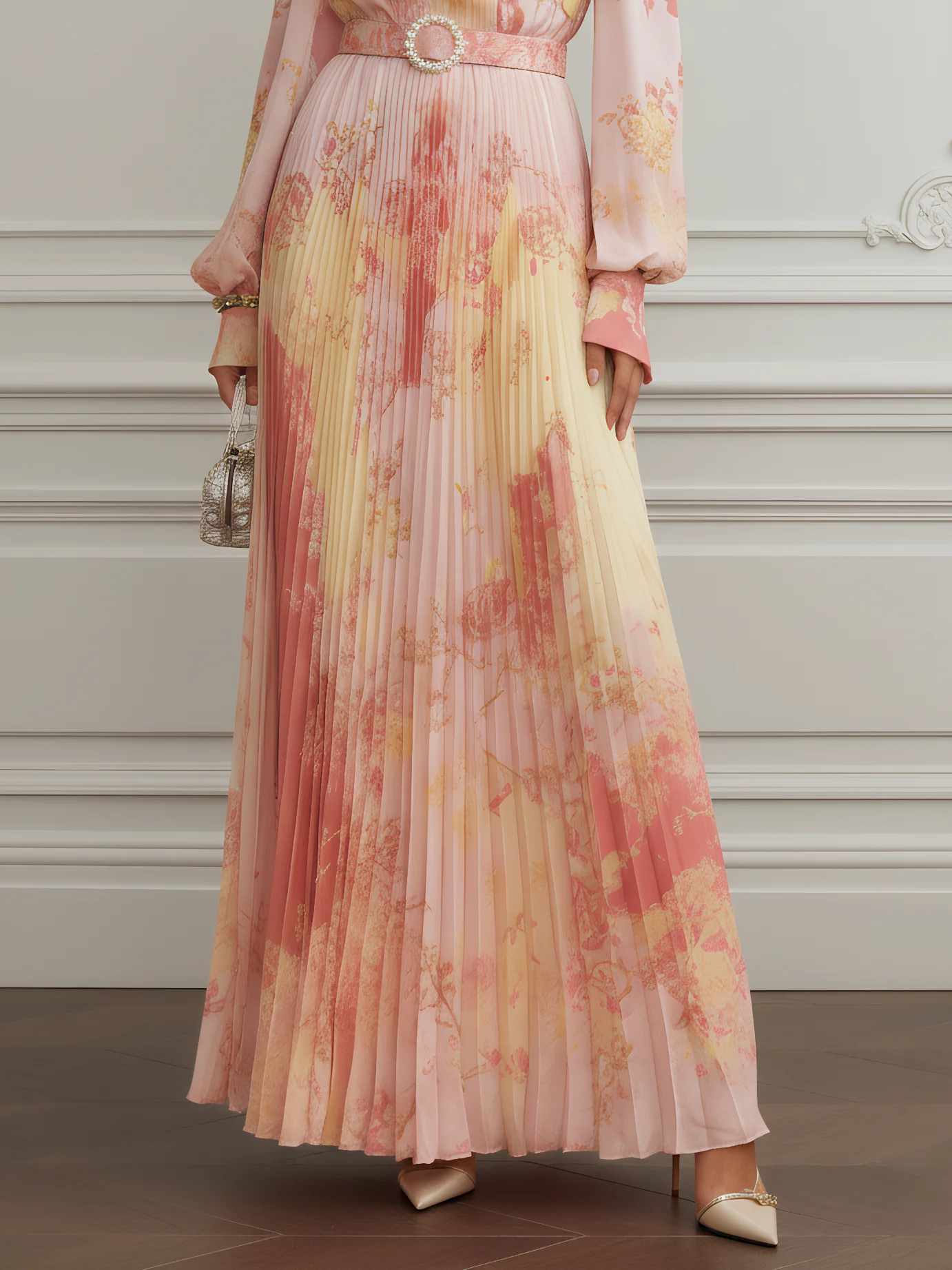 Pink Pleated Floral Satin Crew Neck Long Sleeve Puff Sleeve A-Line Maxi Dress