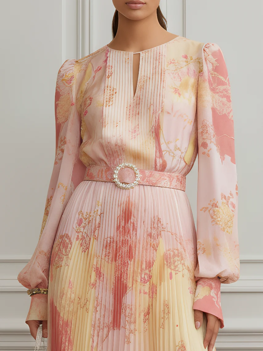 Pink Pleated Floral Satin Crew Neck Long Sleeve Puff Sleeve A-Line Maxi Dress