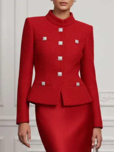 Women Red Buckle Stand Collar Long Sleeve Dressy Coat With Skirt Two-Piece Set