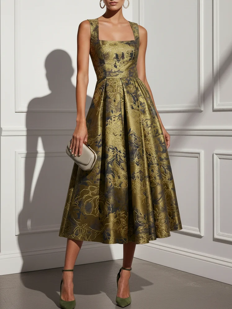 Yellow Jacquard Floral Satin Square Neck Sleeveless A-Line Midi Dress