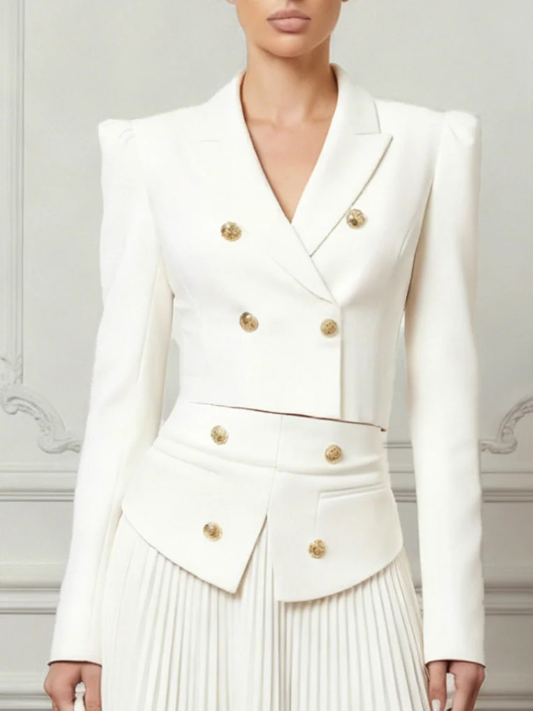 Women White Pleated Buckle Lapel Collar Long Sleeve Dressy Blazer With Skirt Two-Piece Set
