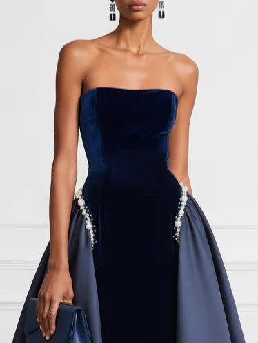 Navy Blue Faux Pearl Split Joint Velvet Satin Strapless Sleeveless A-Line Gown Dress