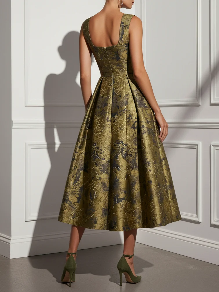 Yellow Jacquard Floral Satin Square Neck Sleeveless A-Line Midi Dress