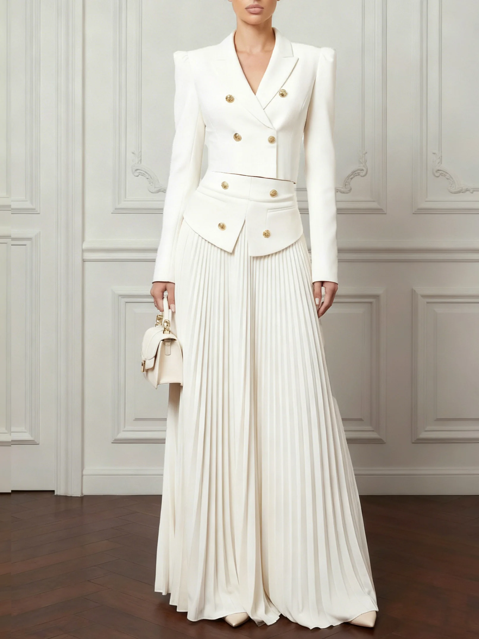 Women White Pleated Buckle Lapel Collar Long Sleeve Dressy Blazer With Skirt Two-Piece Set