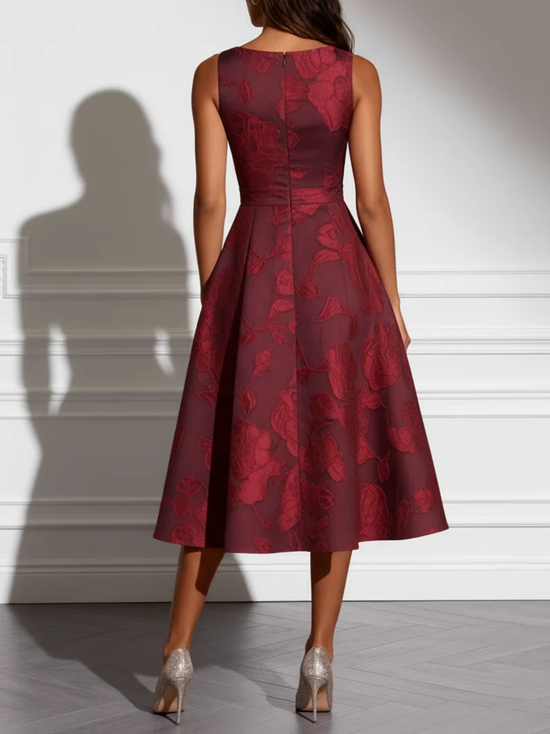 Wine Red Jacquard Satin Boat Neck Sleeveless A-Line Midi Dress