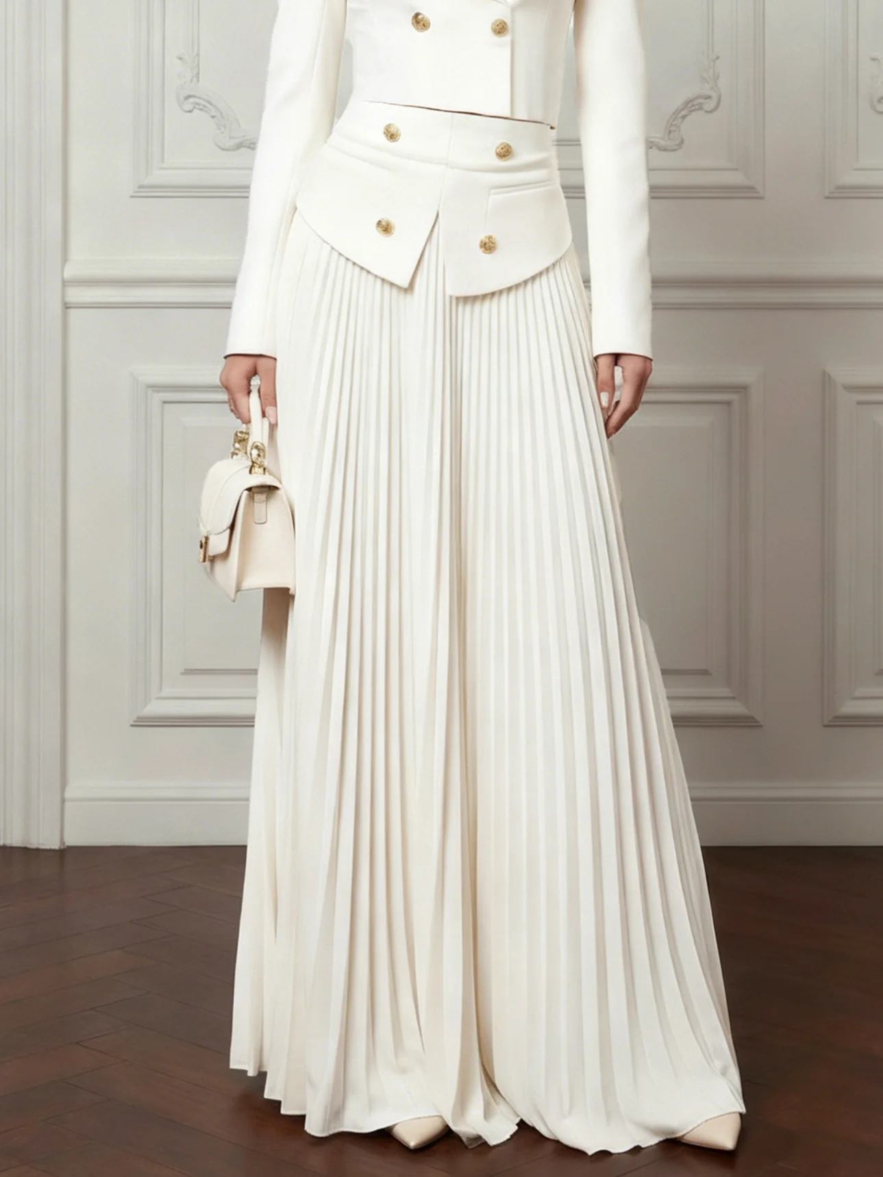 Women White Pleated Buckle Lapel Collar Long Sleeve Dressy Blazer With Skirt Two-Piece Set