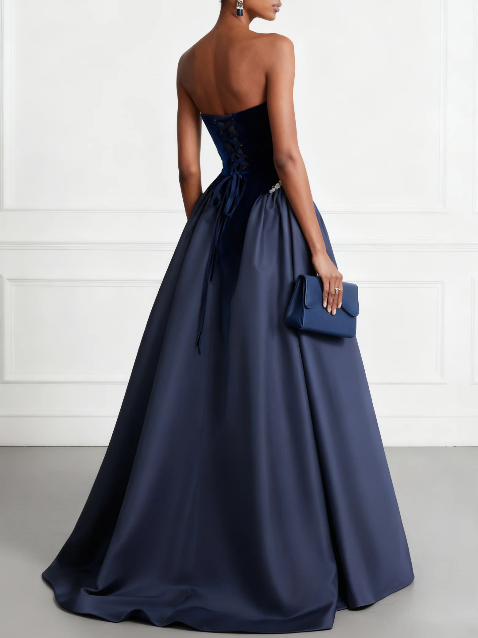 Navy Blue Faux Pearl Split Joint Velvet Satin Strapless Sleeveless A-Line Gown Dress