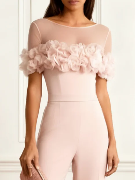 Women Pink 3D Floral Split Joint Crew Neck Short Sleeve Dressy Jumpsuit