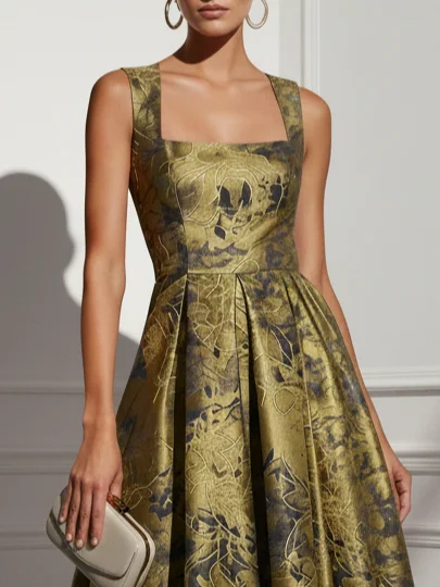 Yellow Jacquard Floral Satin Square Neck Sleeveless A-Line Midi Dress