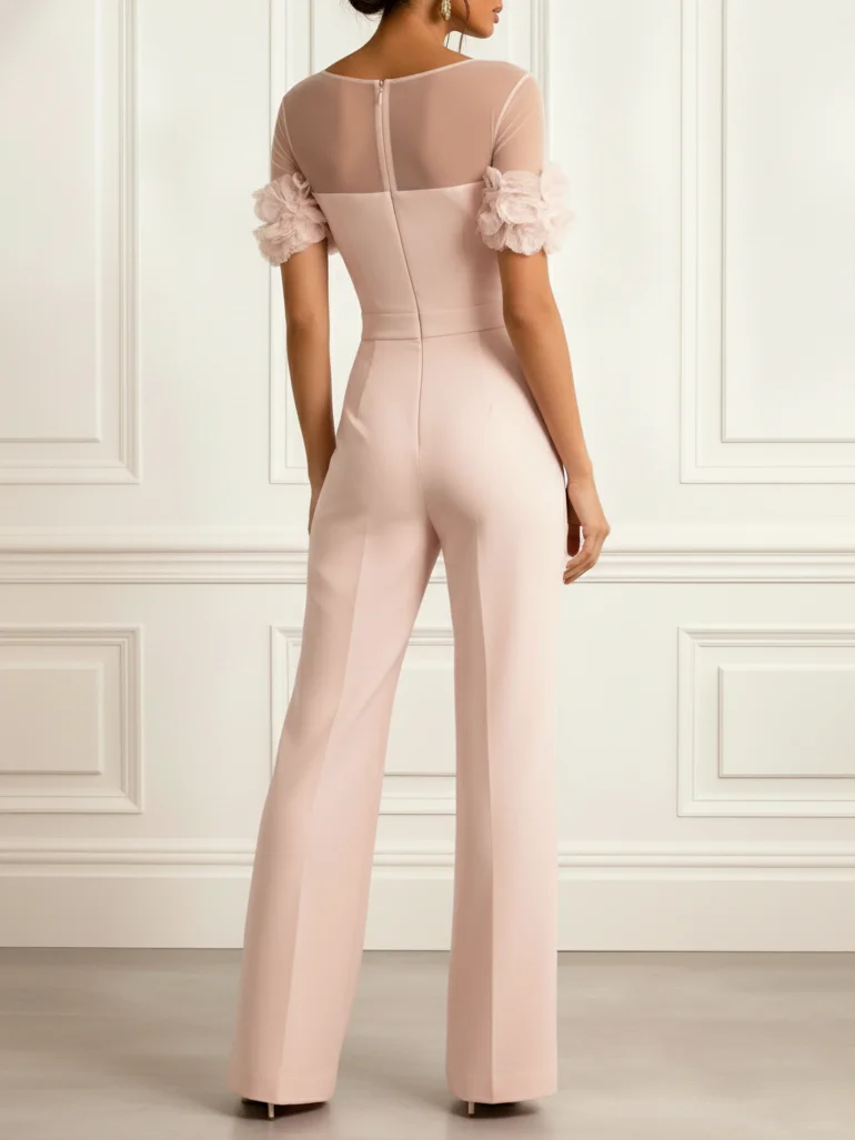 Women Pink 3D Floral Split Joint Crew Neck Short Sleeve Dressy Jumpsuit