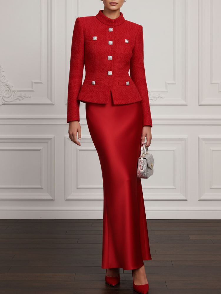 Women Red Buckle Stand Collar Long Sleeve Dressy Coat With Skirt Two-Piece Set