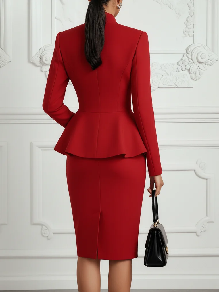 Women Red Buckle Stand Collar Long Sleeve Dressy Coat With Skirt Two-Piece Set