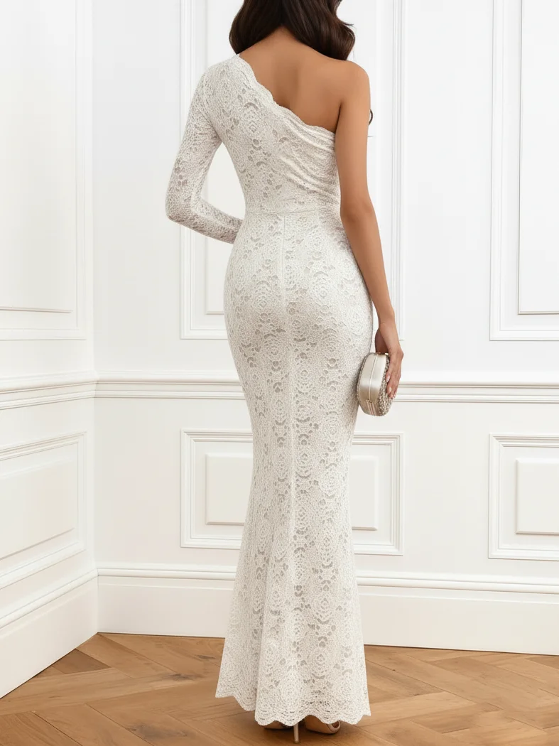 White Lace One Shoulder Long Sleeve Sheath Maxi Dress