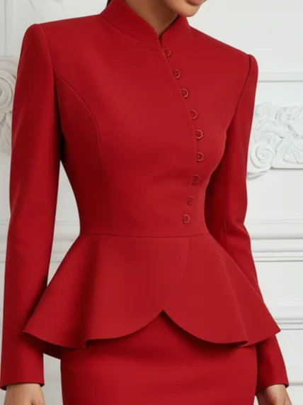 Women Red Buckle Stand Collar Long Sleeve Dressy Coat With Skirt Two-Piece Set