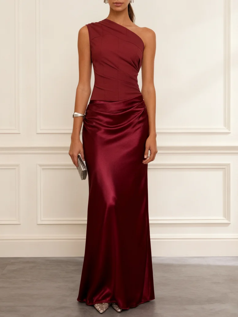 Wine Red Split Joint Satin One Shoulder Sleeveless Sheath Maxi Dress