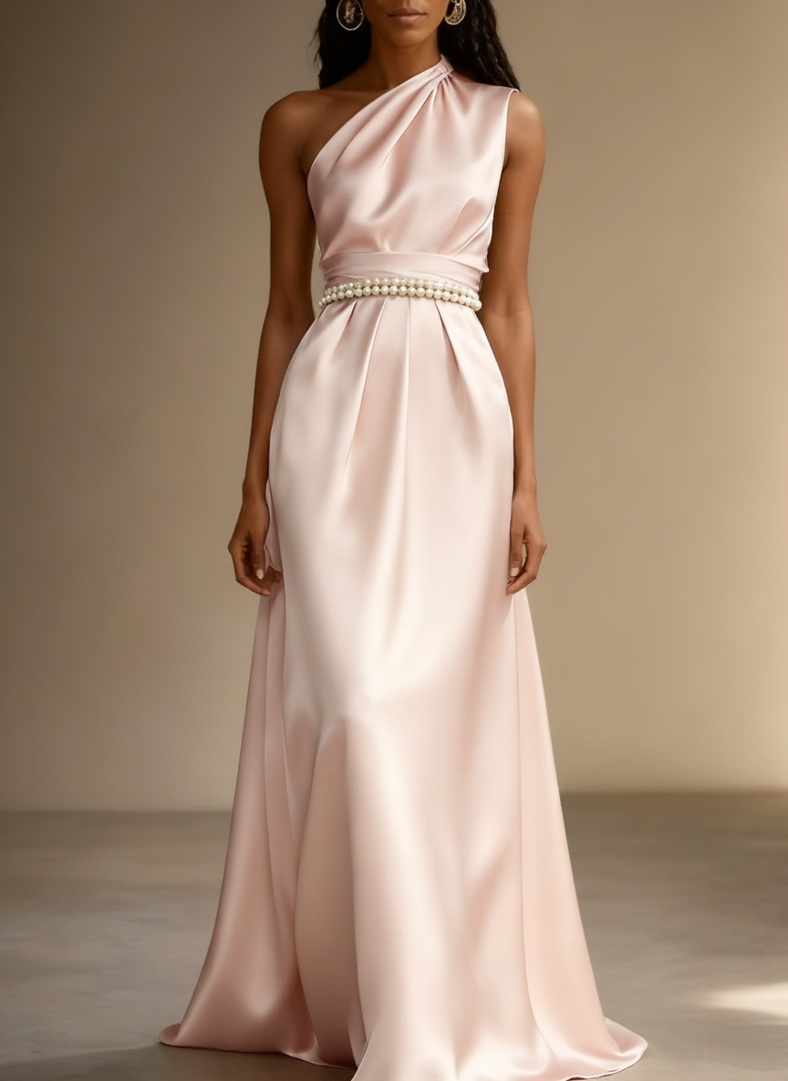 Pink Pearl Satin One Shoulder Sleeveless A-Line Gown Dress