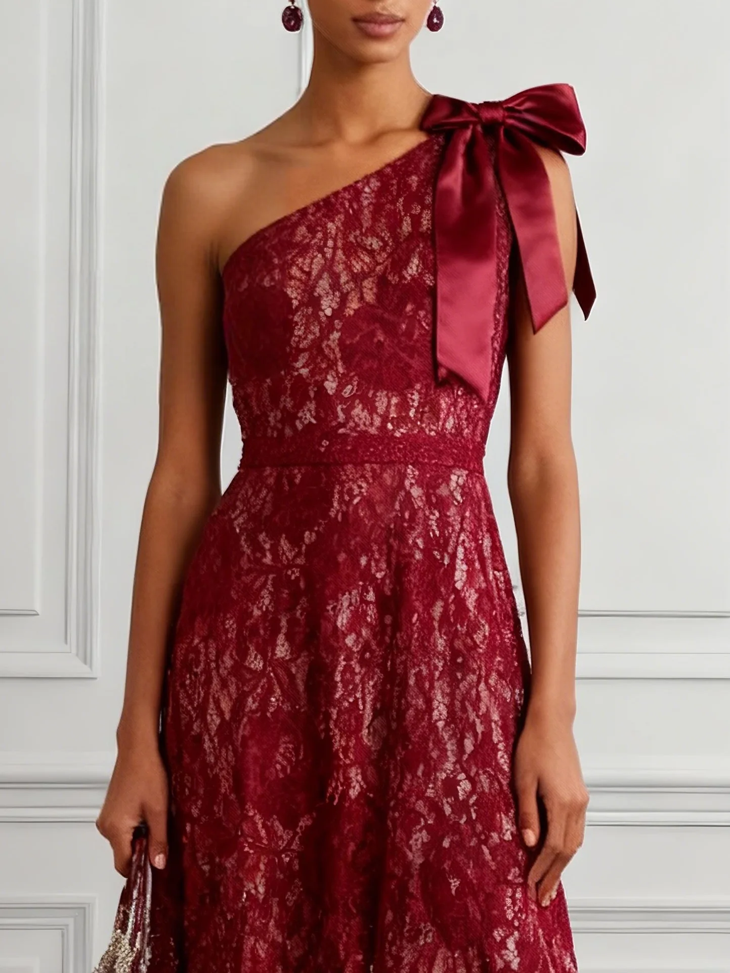 Burgundy Bow Lace One Shoulder Sleeveless A-Line Maxi Dress