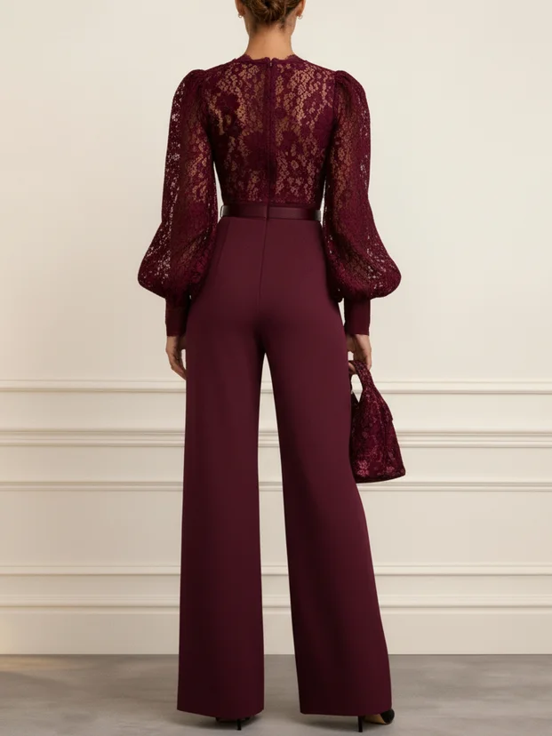 Women Burgundy Lace V Neck Long Sleeve Balloon Sleeve Dressy Jumpsuit