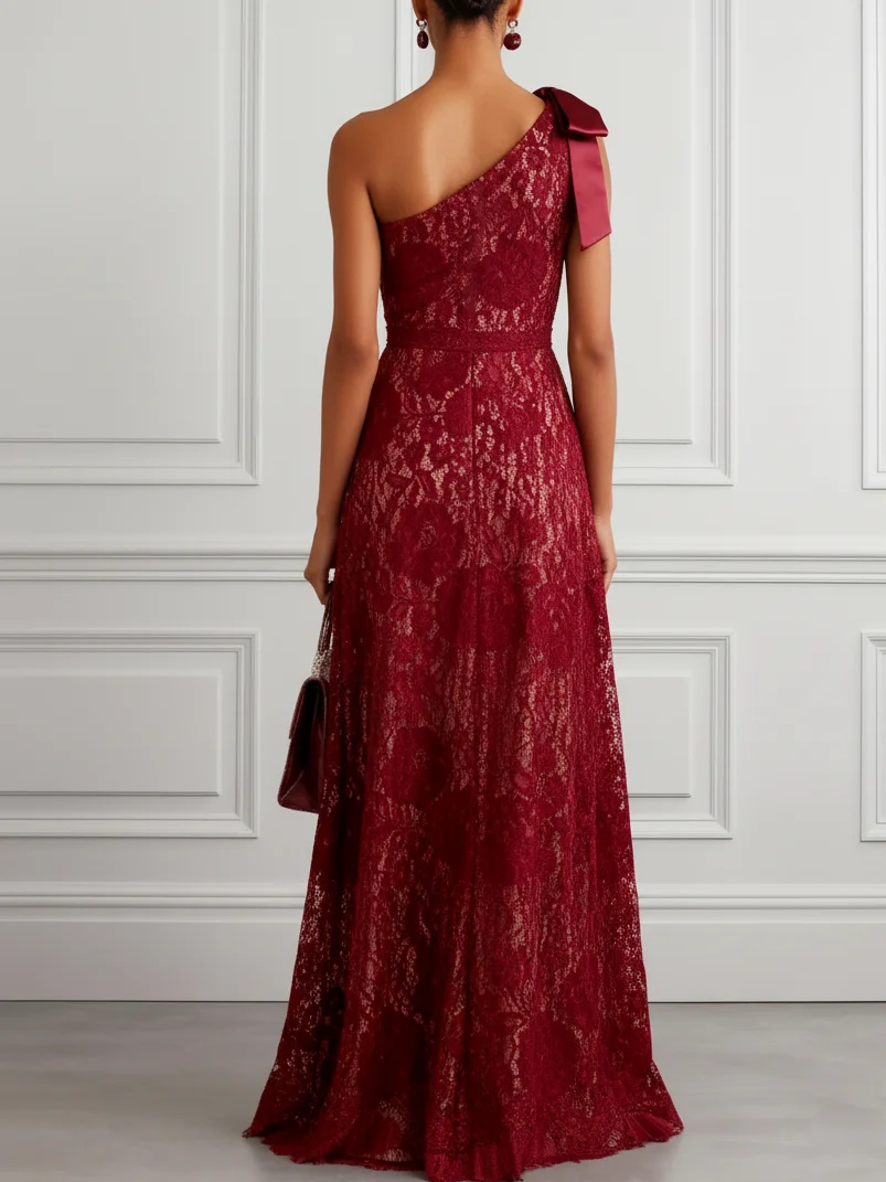 Burgundy Bow Lace One Shoulder Sleeveless A-Line Maxi Dress
