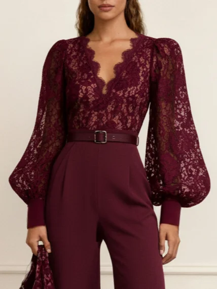 Women Burgundy Lace V Neck Long Sleeve Balloon Sleeve Dressy Jumpsuit