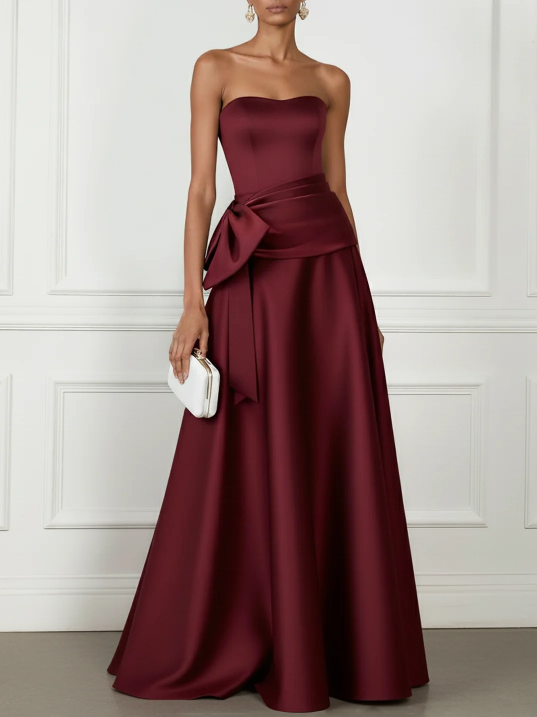 Burgundy Bow Satin Strapless Sleeveless A-Line Gown Dress