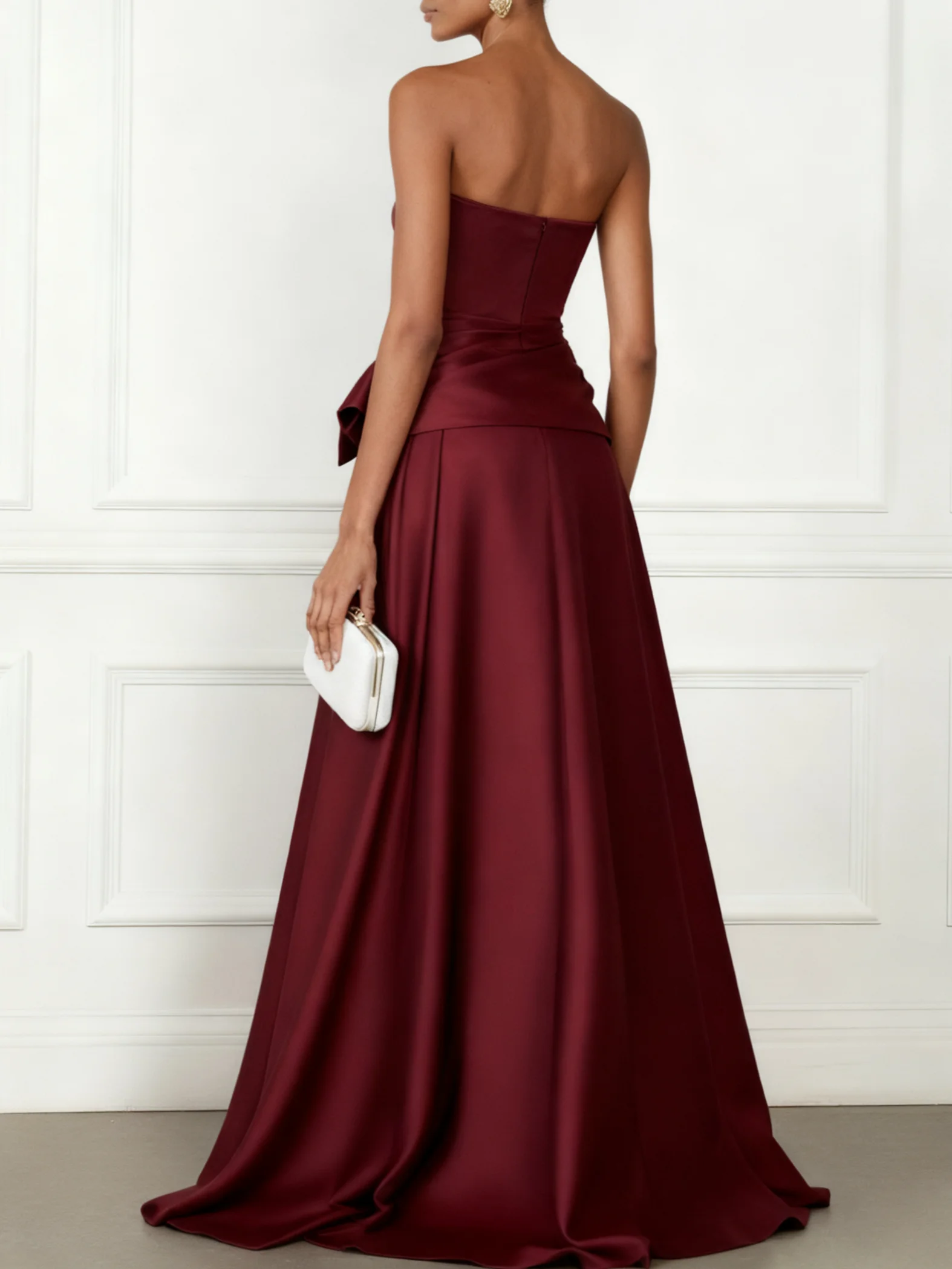 Burgundy Bow Satin Strapless Sleeveless A-Line Gown Dress