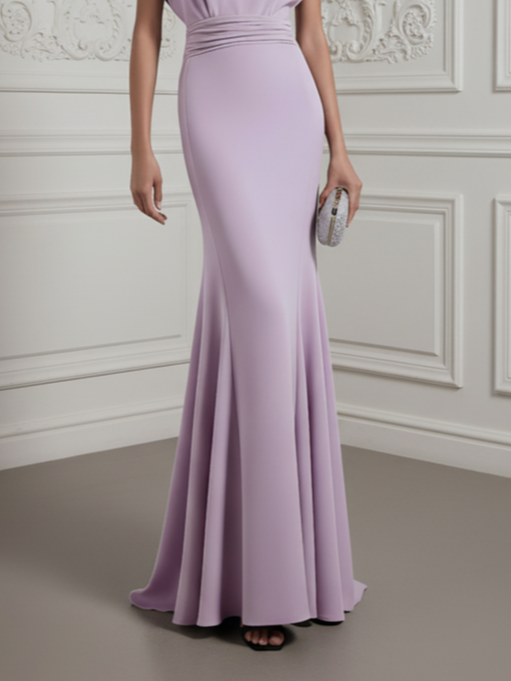 lavender Ruched Classic Boat Neck Short Sleeve Raglan Sleeves Mermaid Gown Dress