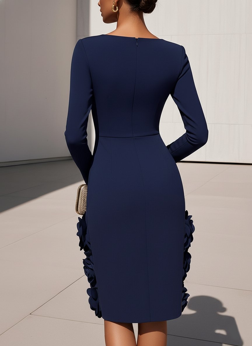 Navy Blue 3D Floral Classic Sweetheart Neckline Long Sleeve Sheath Mini Dress