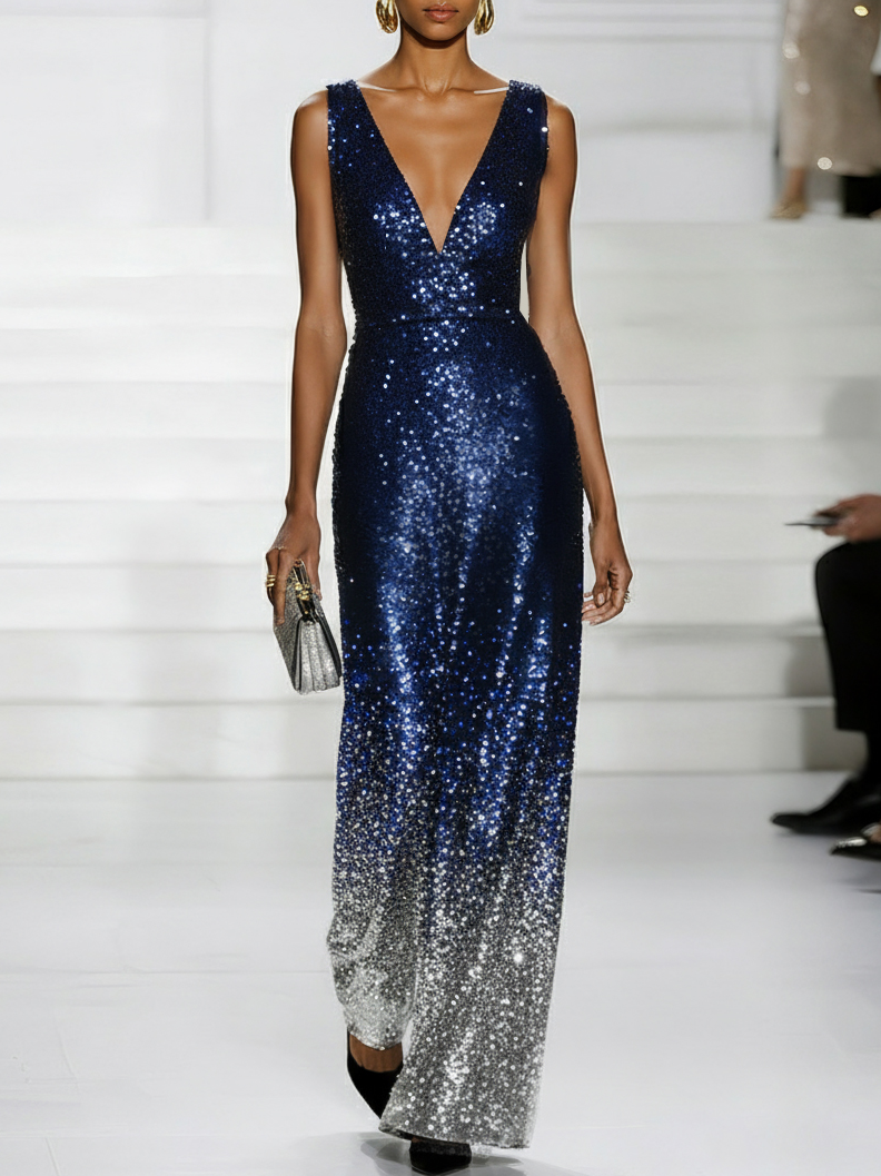 Navy Blue Ombre Sequin Deep V Neck Sleeveless Sheath Maxi Dress
