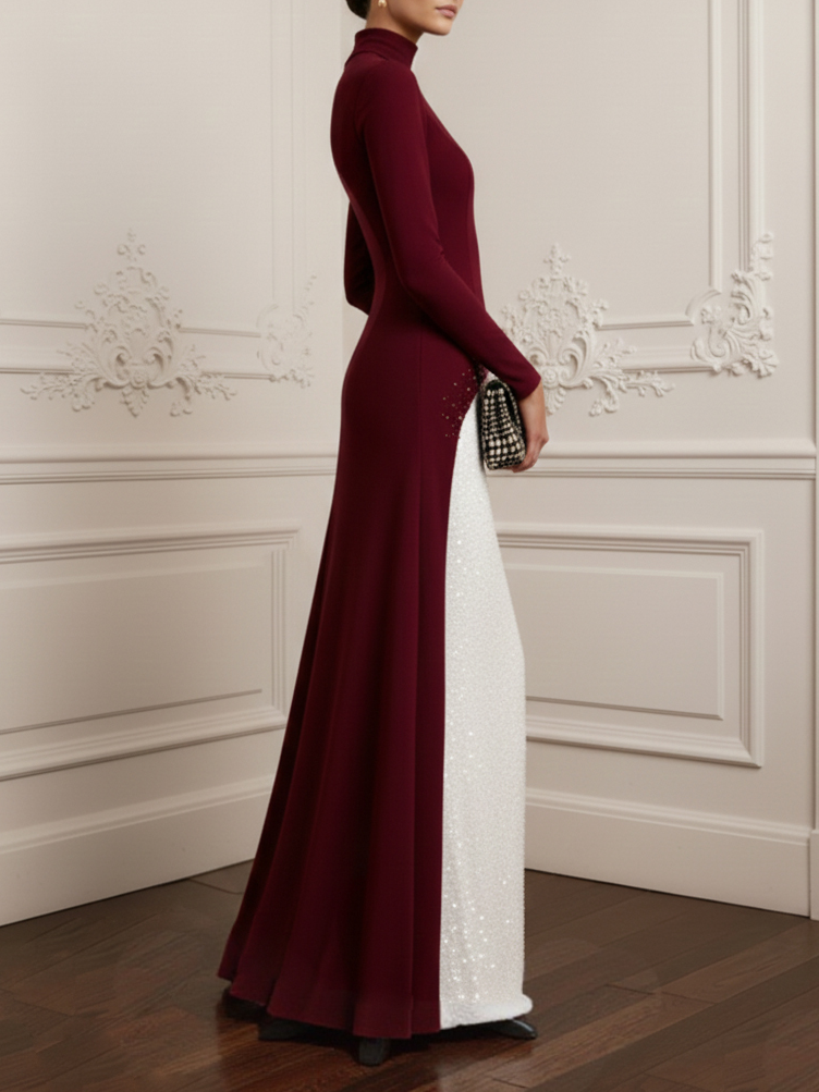 Women Burgundy Hot Drilling Mock Neck Long Sleeve Dressy Top With Skirt Two-Piece Set