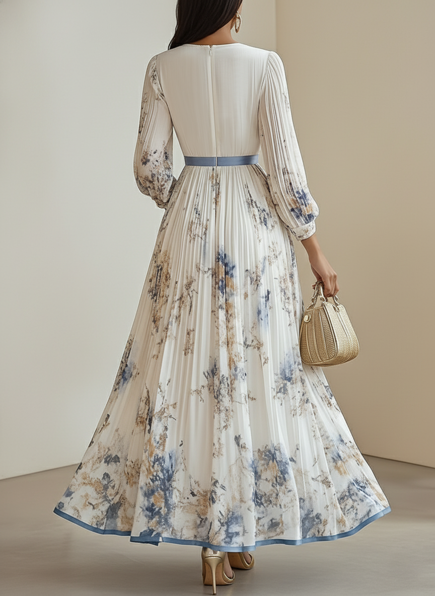 White Pleated Floral Chiffon V Neck Long Sleeve Balloon Sleeve A-Line Maxi Dress