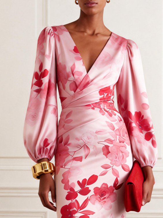 Pink Floral Satin V Neck Long Sleeve Balloon Sleeve Sheath Midi Dress