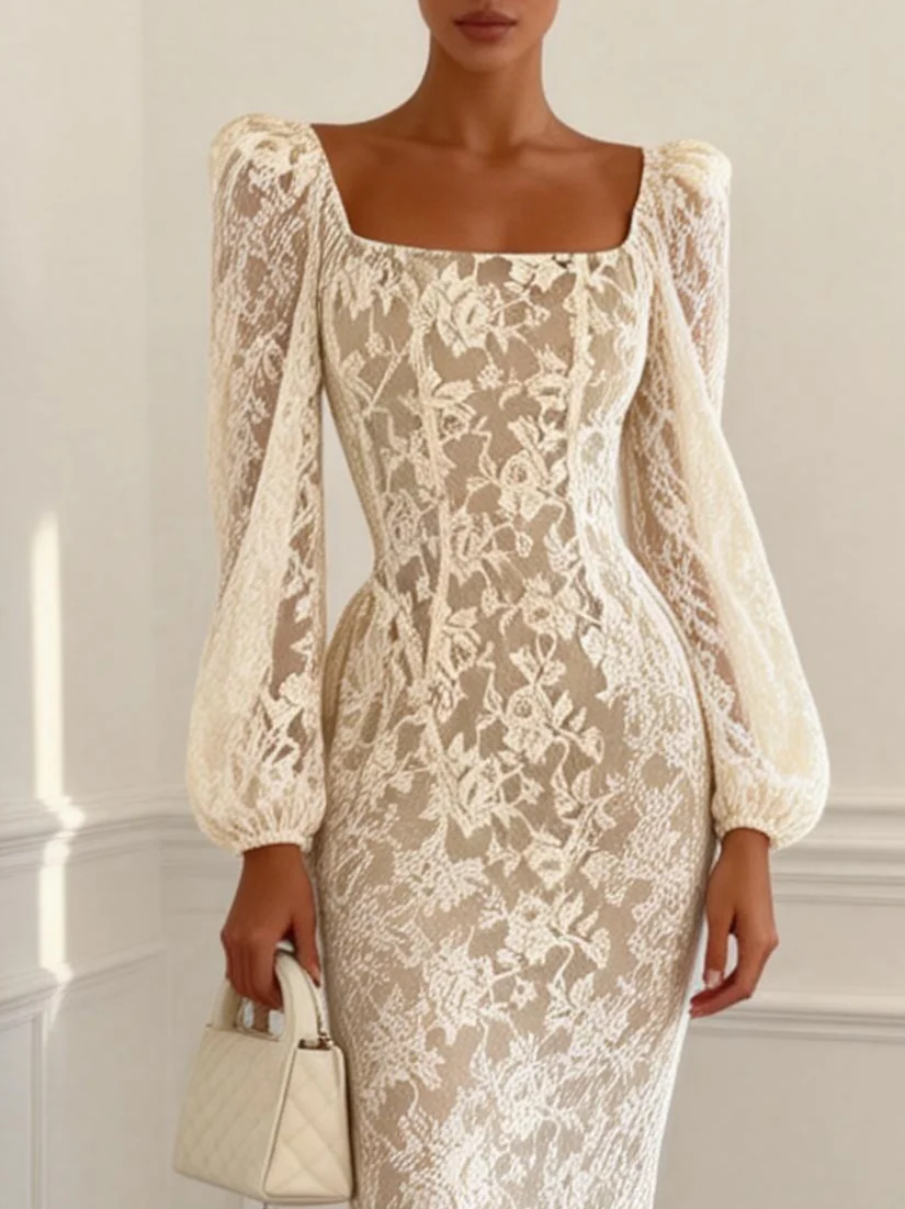 Off White Lace Lace Square Neck Long Sleeve Puff Sleeve Sheath Midi Dress