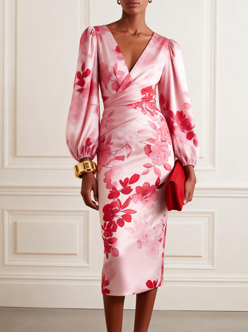 Pink Floral Satin V Neck Long Sleeve Balloon Sleeve Sheath Midi Dress