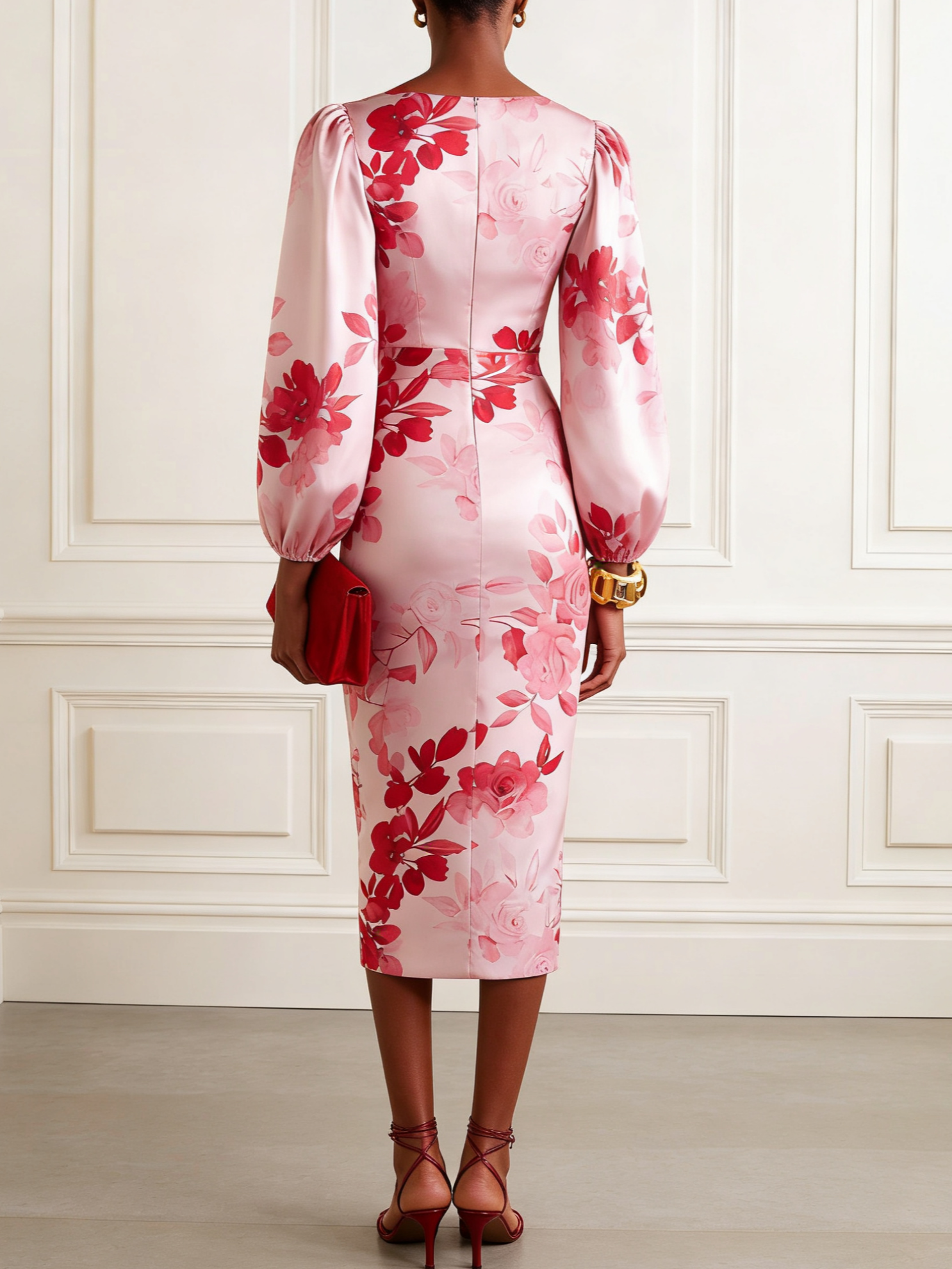 Pink Floral Satin V Neck Long Sleeve Balloon Sleeve Sheath Midi Dress