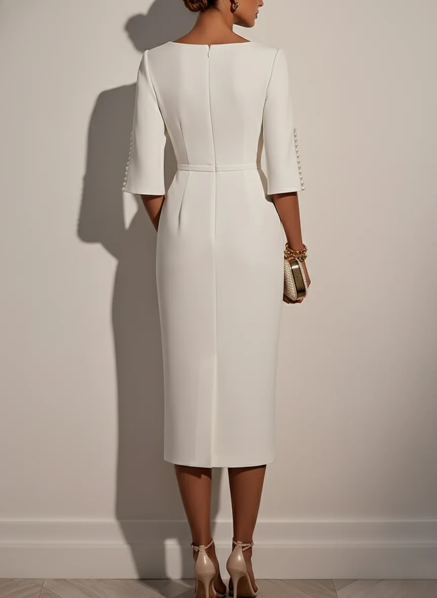 White Faux Pearl Classic Crew Neck Half Sleeve Sheath Midi Dress