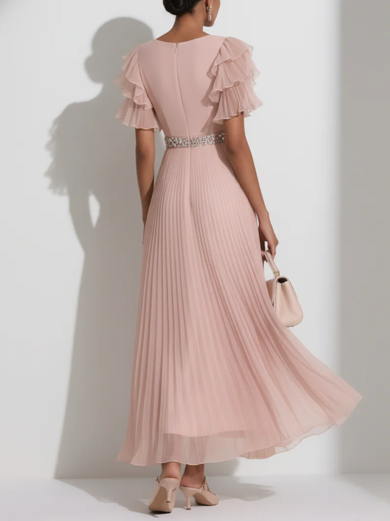 Pink Pleated Rhinestone Chiffon V Neck Short Sleeve Ruffle Sleeve A-Line Maxi Dress