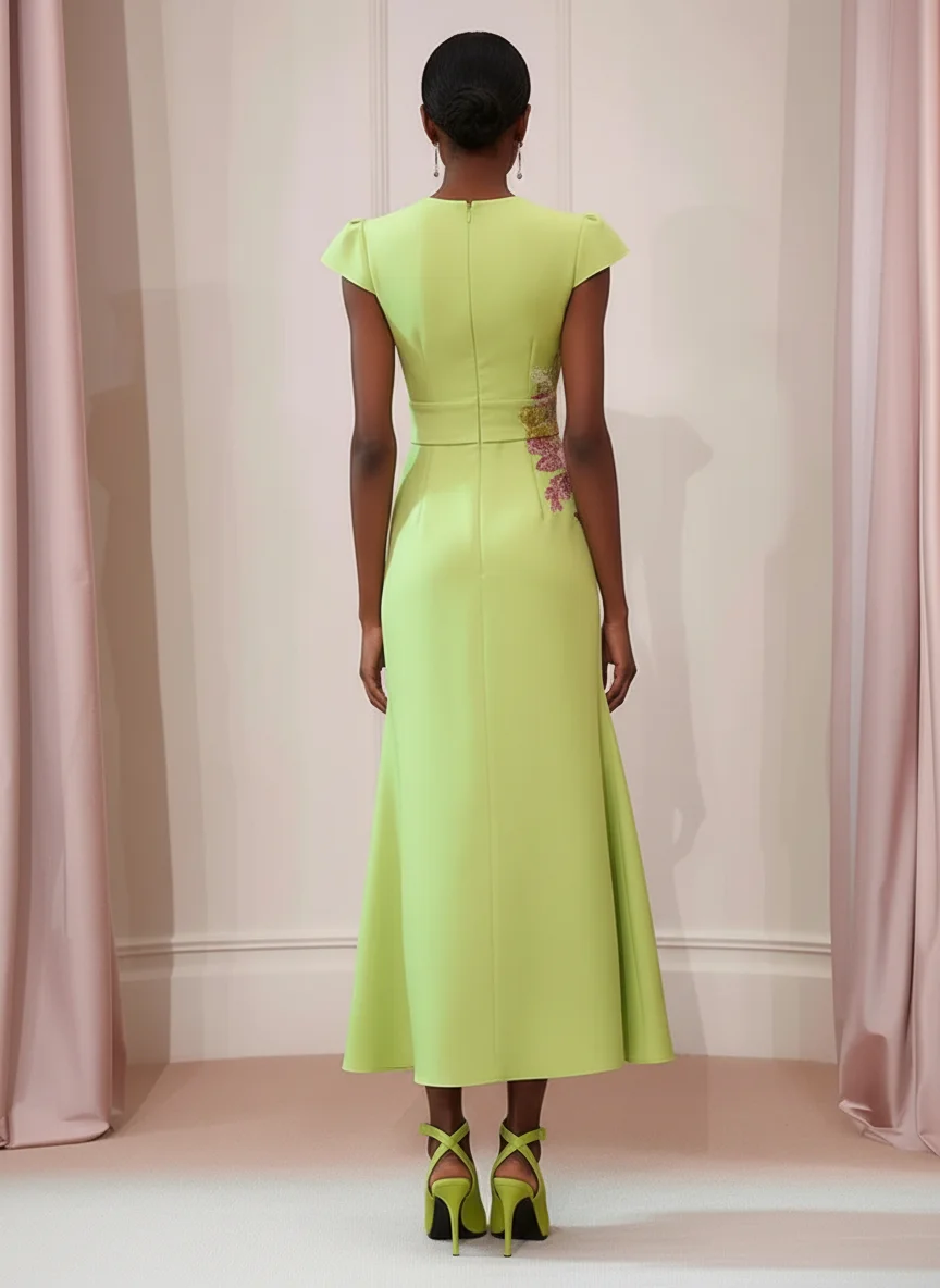 Green Satin Floral Embroidered Cap Sleeve Slit Sheath Maxi Dress