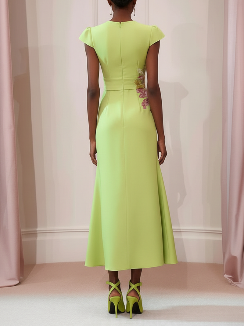 Green Satin Floral Embroidered Cap Sleeve Slit Sheath Maxi Dress